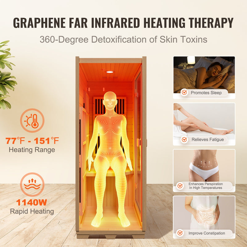 Far Infrared Wooden Sauna Room Home Sauna Spa for 1 Person1140W