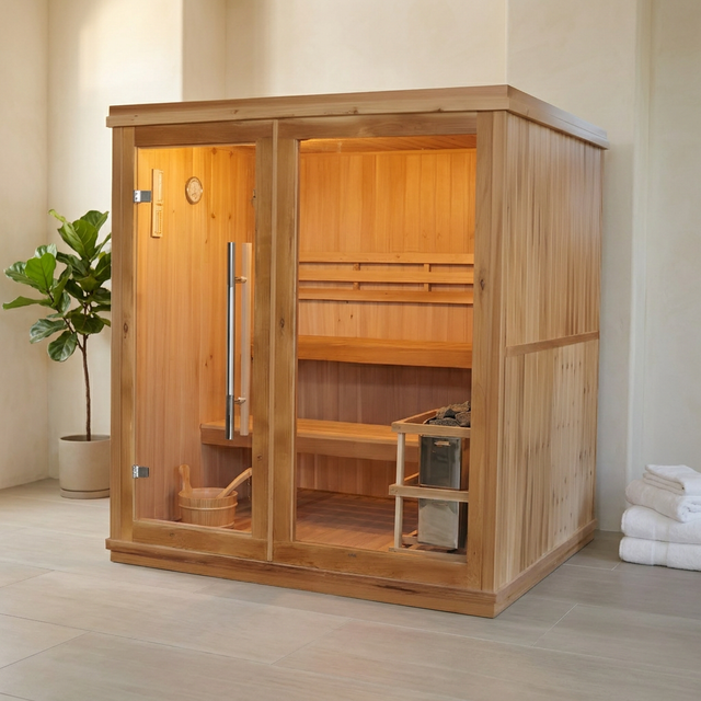 Charleston 4-Person Indoor Traditional Sauna Double Bench — Studio Shot