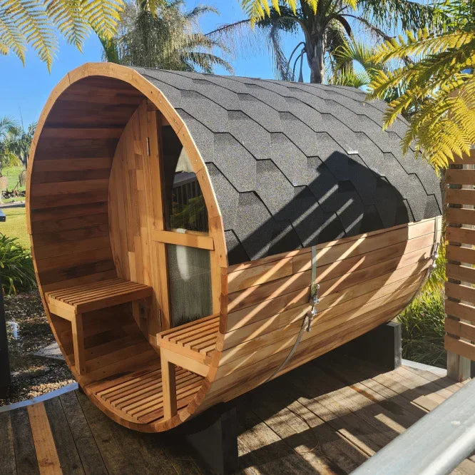 Revive Pro Tech Premium Canadian Red Cedar Barrel Sauna with Panoramic Window - 6-7 Person
