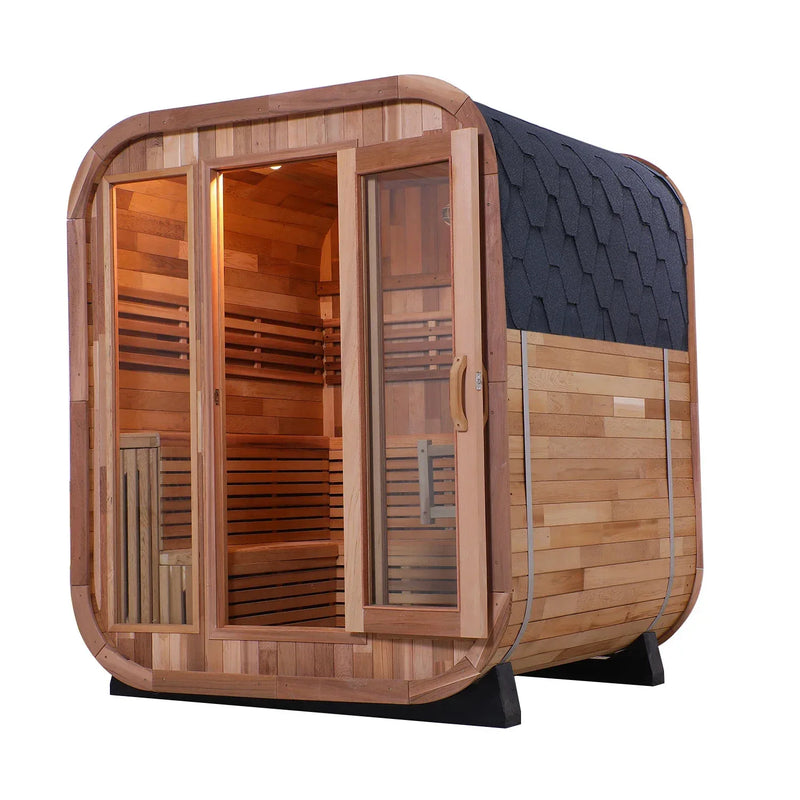 Revive Pro Tech Panoramic Red Cedar Barrel Sauna - 2 Person Outdoor Sauna with Stainless Steel Heater