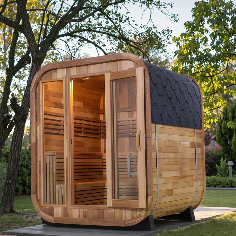 Revive Pro Tech Panoramic Red Cedar Barrel Sauna - 2 Person Outdoor Sauna with Stainless Steel Heater