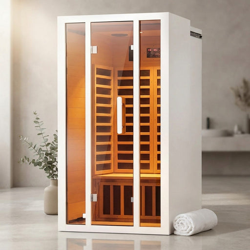2 Person Extendable FAR Infrared Sauna for Home, Hemlock Wood Low EMF 6 Carbon Heaters Indoor Saunas with LED Lights, Bluetooth Speaker, Digital Control Panel, and Seating Bench — Studio Shot
